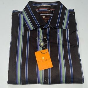 Toscano, brown/blue/green/purple, striped shirt, size medium